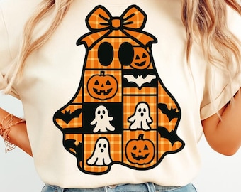 Retro Patchwork Halloween Ghost PNG: Spooky Fall Design (Digital Download