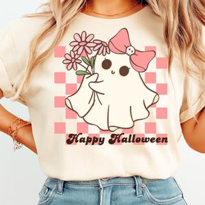 Cute Ghost Halloween PNG, Girly Halloween Tshirt Design, Retro Checkerboard Ghost Tshirt Design, Spooky Feminine Halloween PNG for Shirts.