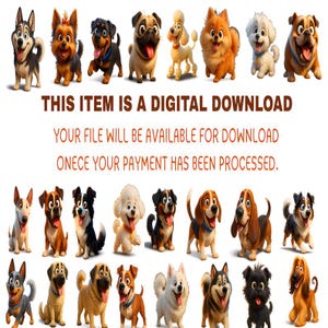 Cute Cartoon Dogs Pngs , Pixar animated style Dogs Printable Clipart Bundle, 300 DPI, High-Quality Pngs, Cute dogs, Instant Download