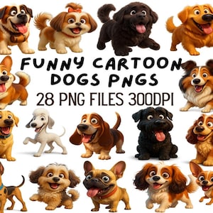 28 Cute Dog Clipart, Dog Breeds PNG Bundle – Cartoon Puppy Illustrations for Sublimation, Stickers, Invitations & Crafts – Digital Download