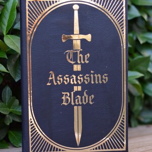 May include: A black book with a gold-embossed design. The cover features a sword with a gold blade and the title "The Assassins Blade".
