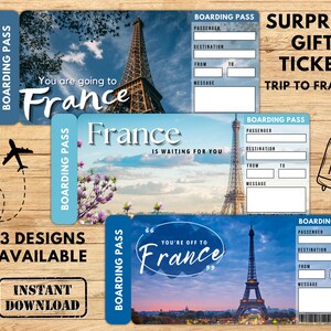 PARIS FRANCE Surprise Trip Gift Ticket. Boarding Pass. Printable Ticket. Trip Ticket. Vacation Ticket. Instant Download. Editable PDF File
