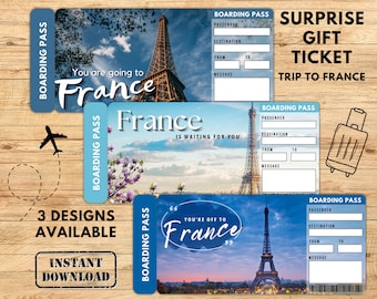 PARÍS, FRANCIA - Boleto de regalo sorpresa para viaje. Tarjeta de embarque. Boleto imprimible. Boleto de viaje. Boleto de vacaciones. Descarga instantánea. Archivo PDF editable.
