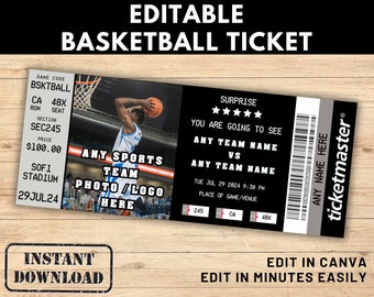 Editable Basketball Tickets, Sports Tickets, Basketball Surprise Ticket, Basketball Gift Ticket, Custom Tickets, Sports Tickets, Printable