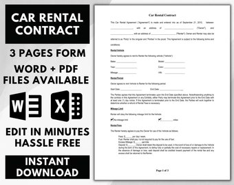 Car Rentals contract, Car rental agreement, Vehicle rental agreement, Car Rentals form, Editable word and PDF File, Instant download