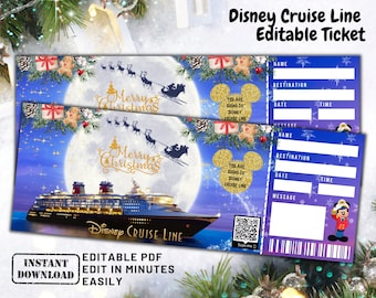 May include: Editable printable Disney Cruise Line ticket with a blue and purple background. The ticket features a Christmas theme with a ship, a moon, and a Santa Claus. The text "Merry Christmas" is written in gold glitter. The ticket has fields for name, destination, date, time, and message.