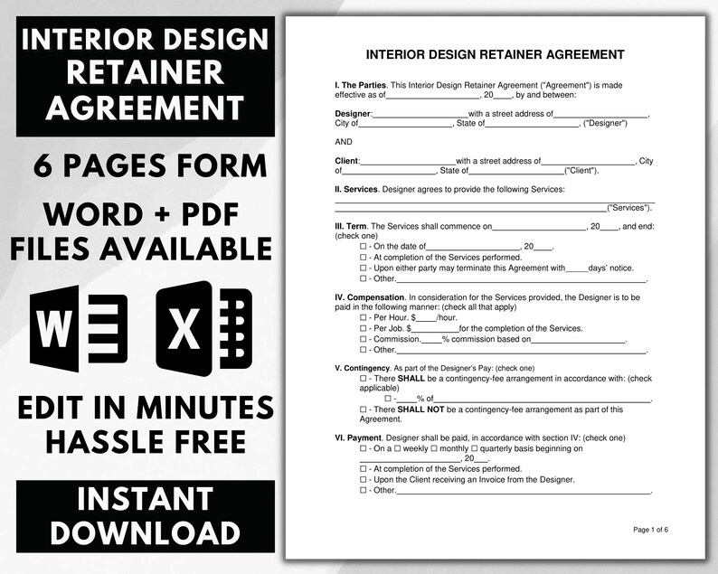 Interior Design Contract, Interior Design Agreement Template, Editable ...