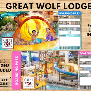 Digital Great Wolf Lodge Surprise Trip Gift Ticket, Amusement Park Printable Boarding Pass, Surprise reveal, Editable Trip Ticket Vacation