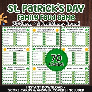 Könnte beinhalten: Ein St. Patrick's Day Family Feud Spiel mit 70 Karten und 2 schnellen Geldrunden. Das Spiel beinhaltet Spielkarten und Antwortumschläge. Die Karten enthalten Fragen zu St. Patrick's Day-Themen, wie z. B. Dinge am Ende eines Regenbogens.