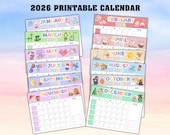 Printable Calendars, Printable Kids Calendars, 2026 Calendars, Watercolor Calendars, Homeschool Calendars, Kids Calendars, Cute Calendars