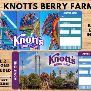 Druckbares Knotts Berry Farm-Ticket, Überraschungsreise-Geschenkticket, Vergnügungspark-Ticket, Bordkarte, PDF editierbar, Knotts Berry Farm Stub
