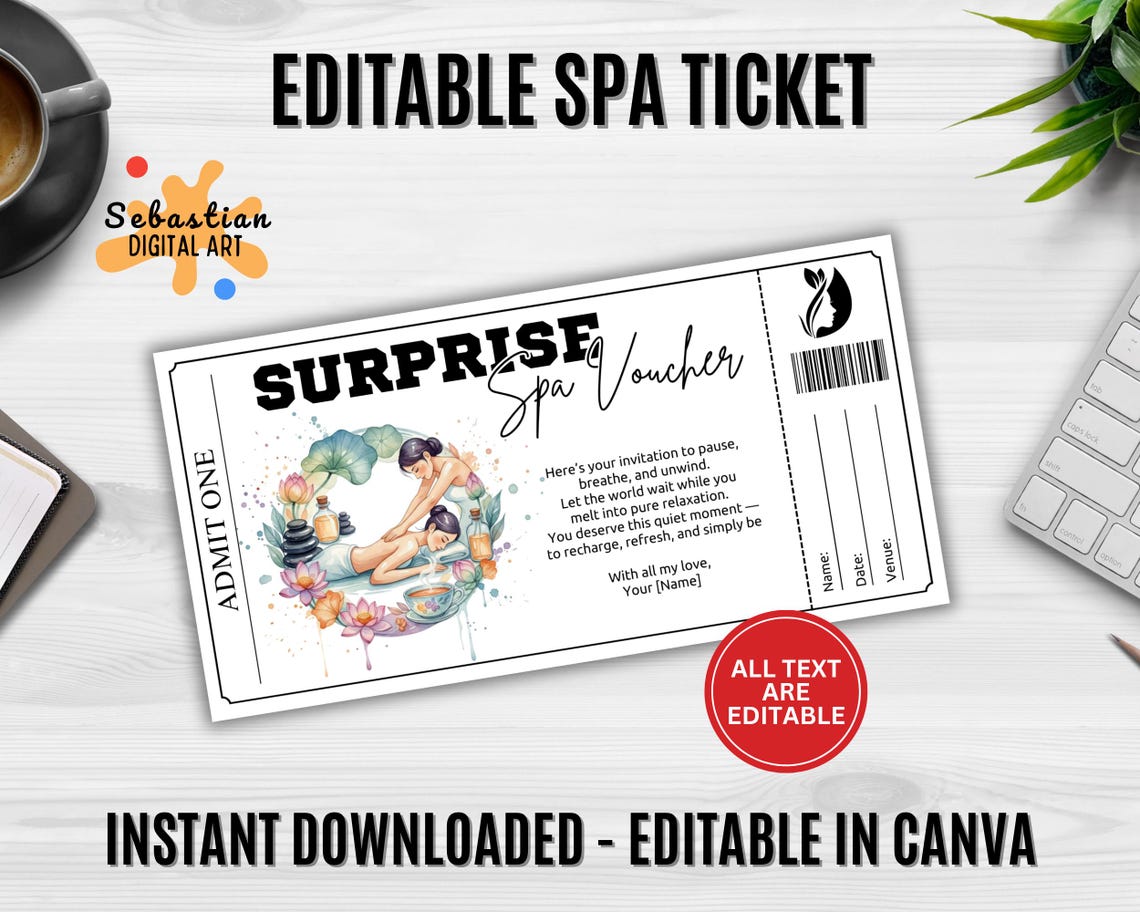 Editable Spa Voucher Ticket | Printable Relaxation Gift Certificate ...