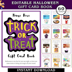 May include: A Halloween-themed gift card book with the words "Trick or Treat" in yellow and green on a purple background. The book includes 60 gift cards and the text "Instant Download".