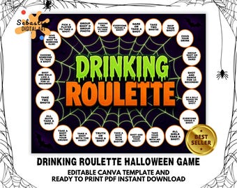 Halloween Drinking Roulette Template, Halloween Party Drinking Game, Halloween party game, Halloween game printable, Halloween adult game