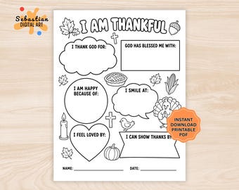I Am Thankful Thanksgiving Activity Printable, Christian Kids Thanksgiving Worksheet, Bible Gratitude Activity, Fall Classroom Coloring
