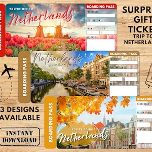 NETHERLANDS Surprise Trip Gift Ticket, Boarding Pass, Printable Ticket, Trip Ticket, Vacation Ticket, Instant Download, Editable PDF File