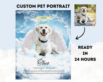 Pet Loss Memorial Portrait, Custom Digital Pet Portrait, Angel Wings and Halo, Cat Portrait, Dog Portrait, Digital print, pet gift, memorial