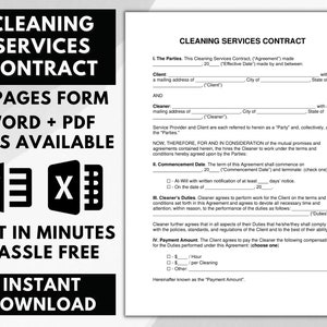 Cleaning services agreement, cleaning services contract, Commercial Residential cleaning agreements -Editable pdf files