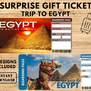 EGYPT Surprise Trip Gift Ticket, Boarding Pass, Printable Ticket, Trip Ticket, Vacation Ticket, Instant Download, Editable PDF File