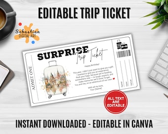 May include: A white and black printable trip ticket with the text "SURPRISE Trip Ticket" and "Happy Birthday!". The ticket features a watercolor image of a suitcase and the words "ALL TEXT ARE EDITABLE".
