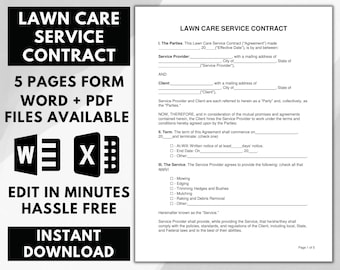 Contrat de service d'entretien de pelouse, Contrat d'aménagement paysager, Contrat d'entretien de jardin, Téléchargement immédiat, Modèle modifiable
