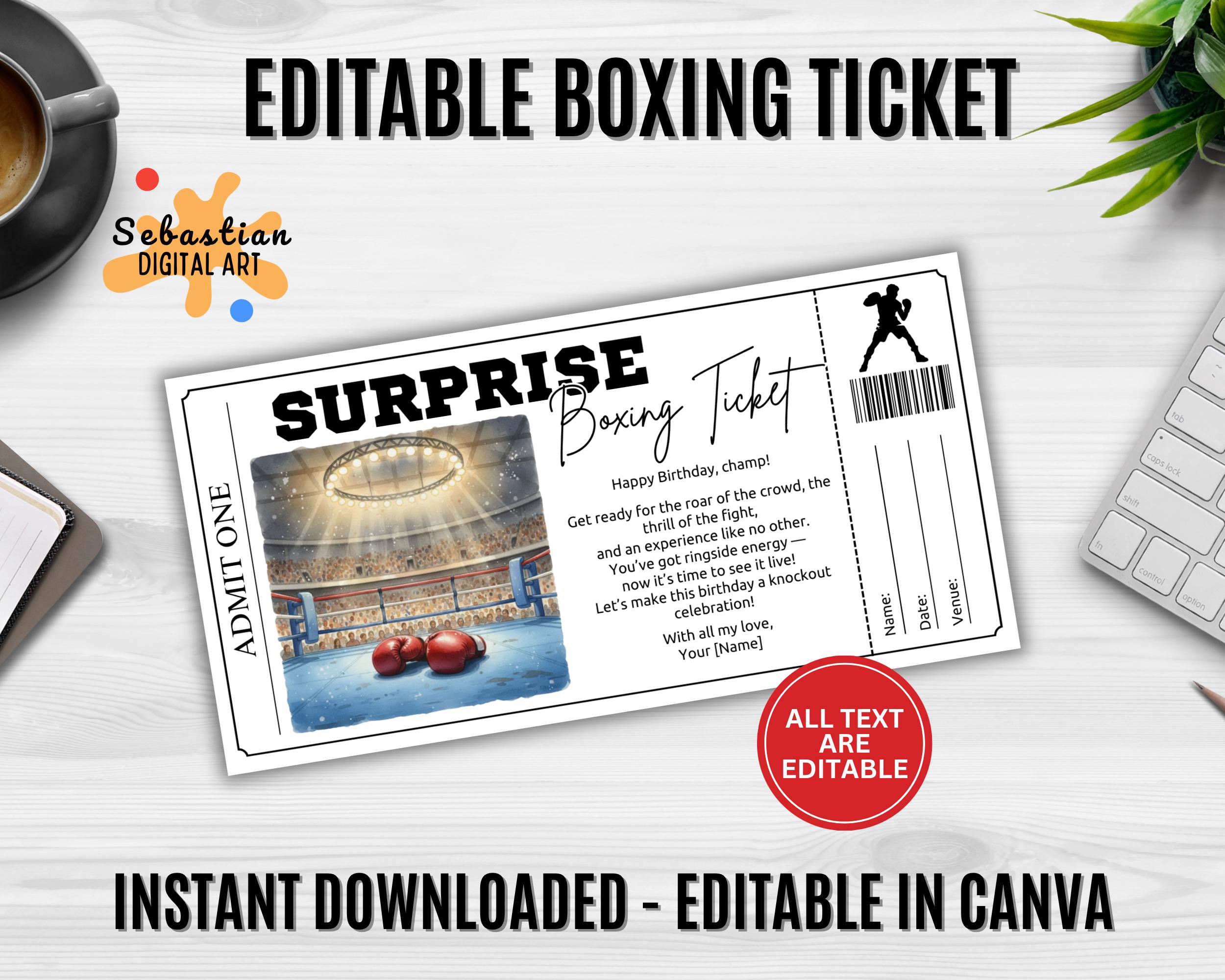 Editable Boxing Ticket Voucher | Printable Fight Night Gift | Digital ...