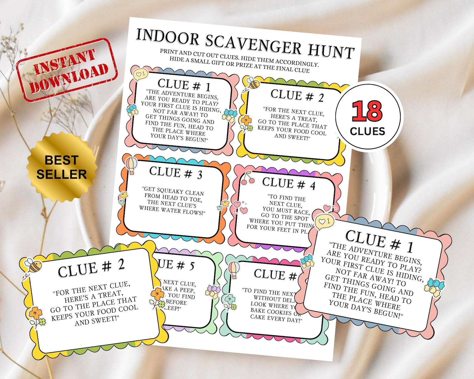 Indoor Scavenger Hunt Printable Treasure Hunt for Kids Template Things to do at Home Idea Toddler Preschool Party Game Riddle Clue Cards