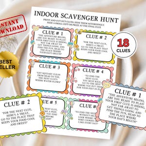 Caça ao tesouro interna para impressão, modelo de caça ao tesouro para crianças, ideia de coisas para fazer em casa, jogo de festa pré-escolar para crianças, cartões de dicas de enigmas