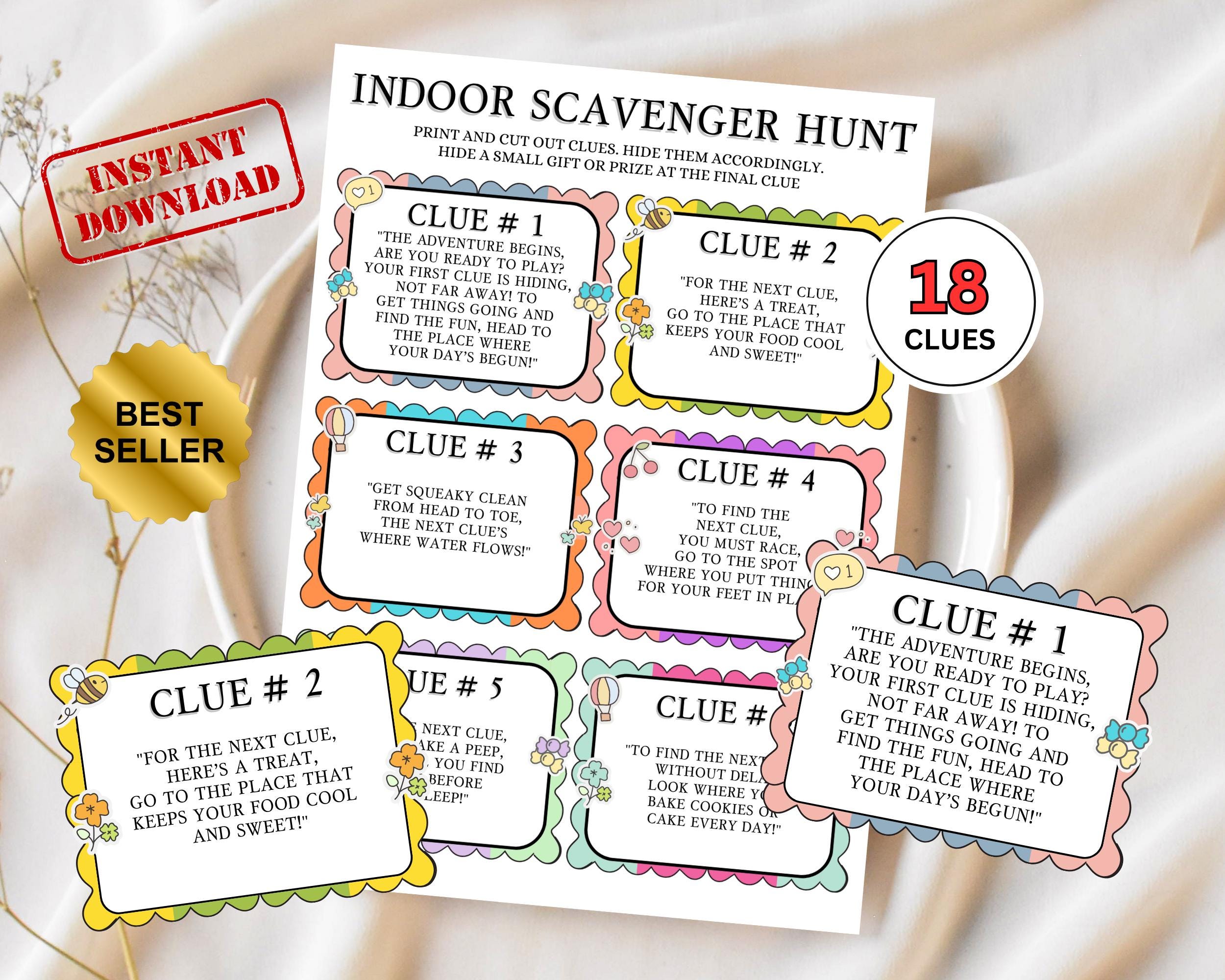Indoor Scavenger Hunt Printable, Treasure Hunt for Kids Template, Things to do at Home Idea, Toddler Preschool Party Game, Riddle Clue Cards