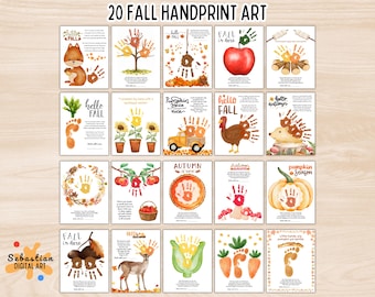 May include: A collection of 20 fall-themed handprint art prints. Each print features a unique fall design, including animals, leaves, and pumpkins, with the text "20 FALL HANDPRINT ART" at the top. The prints are in various colors.