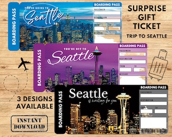 Boleto de regalo sorpresa para un viaje a Seattle. Tarjeta de embarque. Boleto imprimible. Boleto de viaje. Boleto de vacaciones. Descarga instantánea. Archivo PDF editable.