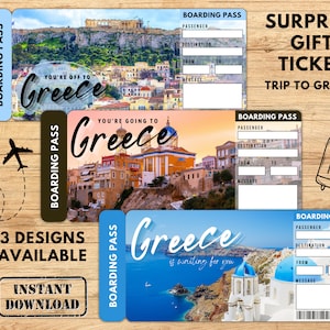 GRÈCE Billet cadeau voyage surprise, carte d'embarquement, billet imprimable, billet de voyage, billet de vacances, téléchargement immédiat, fichier PDF modifiable