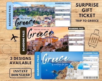 GREECE Surprise Trip Gift Ticket, Boarding Pass, Printable Ticket, Trip Ticket, Vacation Ticket, Instant Download, Editable PDF File