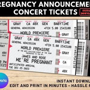 Schwangerschaftsankündigungs-Konzertkarten, bearbeitbares Konzertticket, Baby Reveal-Karte, Geburtsankündigungskarte, Canva bearbeitbar