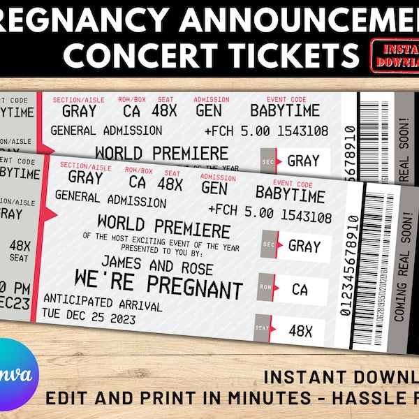 Zwangerschap aankondiging concerttickets, bewerkbaar concertticket, Baby Reveal ticket, geboorteaankondiging ticket, Canva bewerkbaar