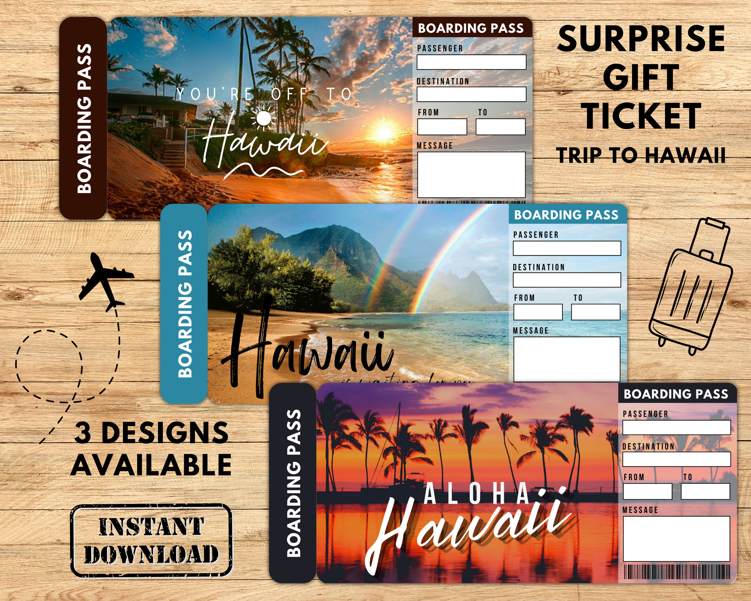 Printable HAWAII Surprise Trip Gift Ticket. Boarding Pass. Printable Ticket. Trip Ticket. Vacation Ticket. Editable PDF Instant Download