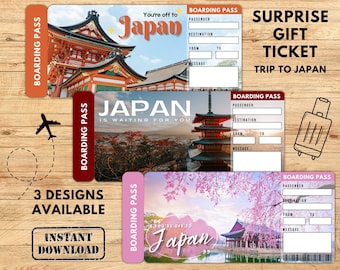 JAPAN Surprise Trip Gift Ticket, Boarding Pass, Printable Ticket, Trip Ticket, Vacation Ticket, Instant Download, Editable PDF File
