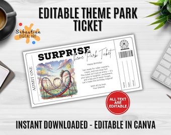Editable Theme Park Ticket Voucher | Printable Amusement Park Gift | Family Fun Day Gift Certificate | Digital Download | Adventure Gift
