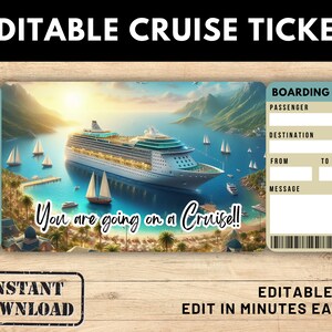 Cruiseticket, cruise-instapkaart, sjabloon voor cruise-instapkaarten, cruiseticket. Verrassingscruise. Afdrukbaar kaartje. Afdrukbare instapkaart