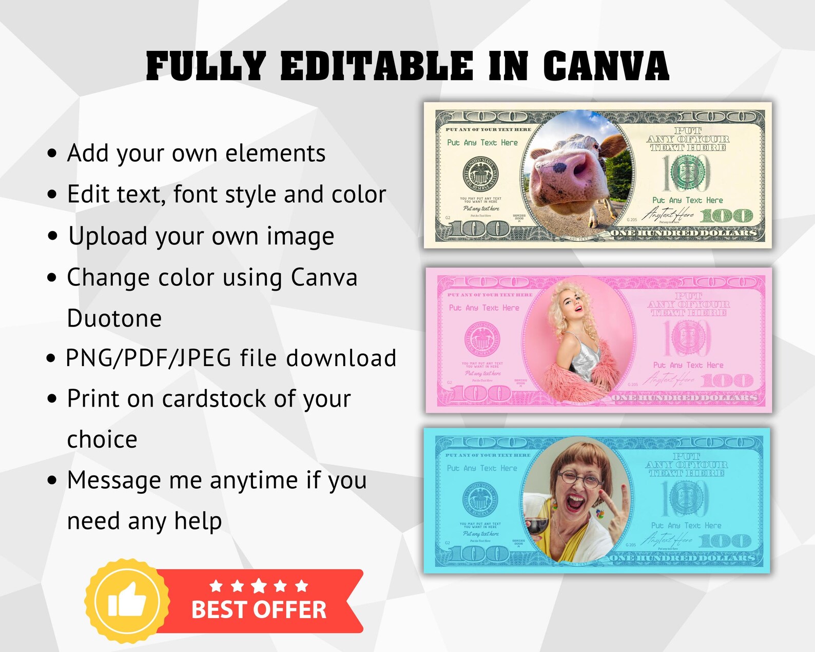 Personalized 100 Dollar Bill Template, Editable Dollar Bill, Face on ...