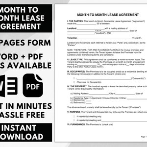 May include: A black and white image of a legal document for a month-to-month lease agreement. The document is titled "Month-to-Month Lease Agreement". The document is 11 pages long and is available in Word and PDF formats. The document is available for instant download.