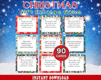 May include: A set of 90 Christmas gift exchange game cards with festive holiday designs. Each card features a different challenge or rule for the game, such as "Trade gifts with the person who has the best holiday sweater." or "Switch with whoever can name the most holiday movies in 15 seconds!"