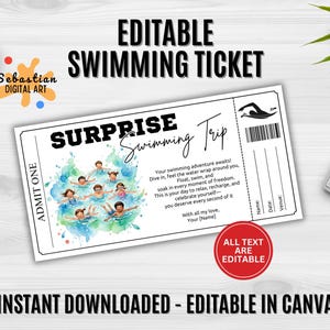 May include: A white ticket with the text "EDITABLE SWIMMING TICKET" and "SURPRISE Swimming Trip". The ticket features a watercolor illustration of children swimming and the text "ALL TEXT ARE EDITABLE".