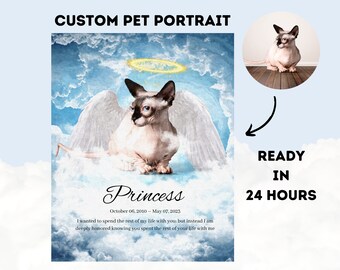 Pet Loss Memorial Portrait, Custom Digital Pet Portrait, Angel Wings and Halo, Cat Portrait, Dog Portrait, Digital print, pet gift, memorial