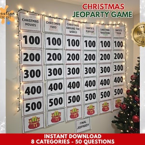May include: A Christmas Jeopardy game board with categories like Christmas Movies and Traditions. The game board has point values from 100 to 500, with a final Jeopardy round. The text "Instant Download" and "8 Categories - 50 Questions" are also visible.