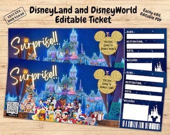 May include: Editable printable ticket for a trip to Disneyland or Disney World. The ticket features a blue background with stars and a picture of the Disney castle. The text "Surprise!" is written in large, bold letters at the top of the ticket. The ticket also includes a space for the recipient's name, destination, date, and a message.