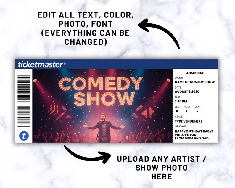 Printable COMEDY SHOW Surprise Ticket, Stand up Comedy Event Invitation ...