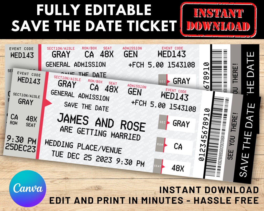 Save the Date Ticket, Concert Ticket Template, Personalized Event
