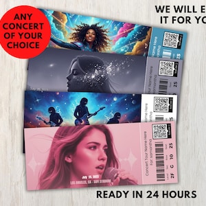 May include: Four concert tickets featuring illustrations of musicians and performers. The top ticket has a woman with curly hair against a colourful sky. Text includes "ANY CONCERT OF YOUR CHOICE" and "WE WILL EDIT IT FOR YOU". The bottom ticket reads "READY IN 24 HOURS".
