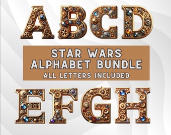 May include: A set of gold-colored letters, A-H, made of gears and jewels. The letters are arranged in two rows, with the top row spelling "ABCD" and the bottom row spelling "EFGH". The letters are set against a white background. The text "STAR WARS ALPHABET BUNDLE ALL LETTERS INCLUDED" is displayed in a brown rectangle below the letters.
